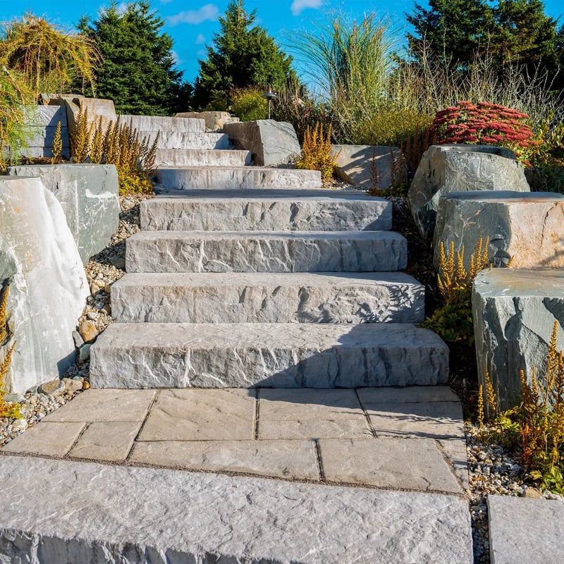 Techo-Bloc Röcka carved concrete outdoor steps installed by Smarter Scapes in Nashville TN