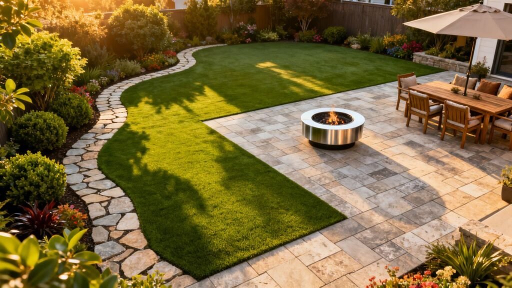 Backyard with new pavers and artificial turf.