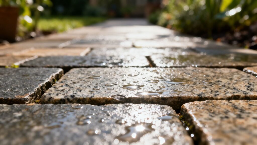 Wet, textured pavers on a garden path.