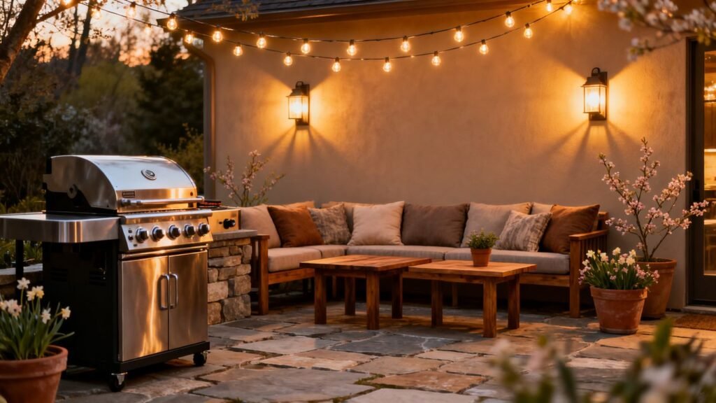 Outdoor kitchen and patio with string lights at dusk.