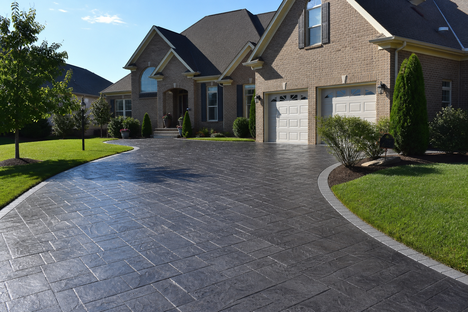 Beautiful stamped driveway after Smarter Scapes