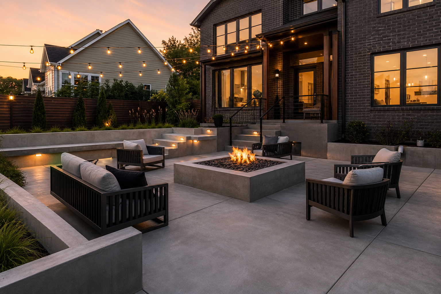 Modern concrete patio with fire pit by Smarter Scapes