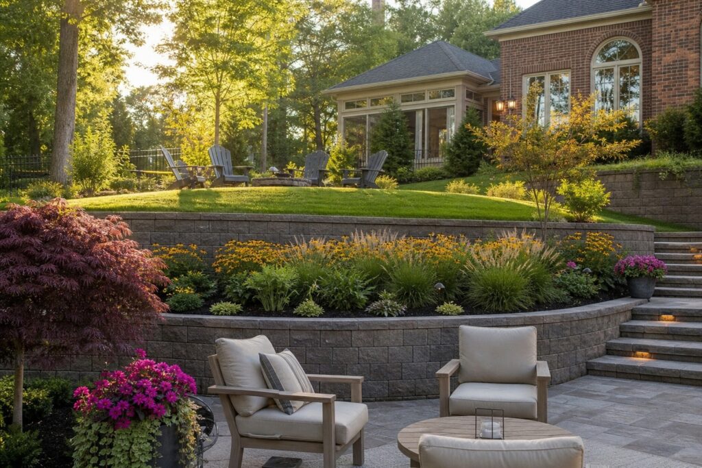 Sloped backyard retaining wall installation in Nashville TN by Smarter Scapes LLC