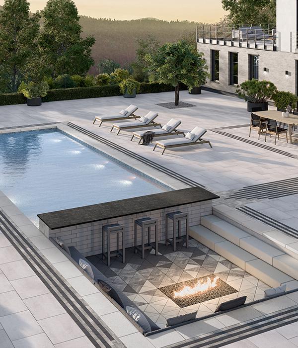 Techo-Bloc poolside fire pit lounge design inspiration for Nashville TN backyards