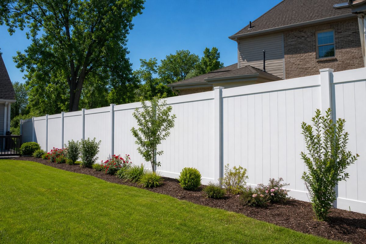 White vinyl privacy fence panels along a landscaped Nashville backyard