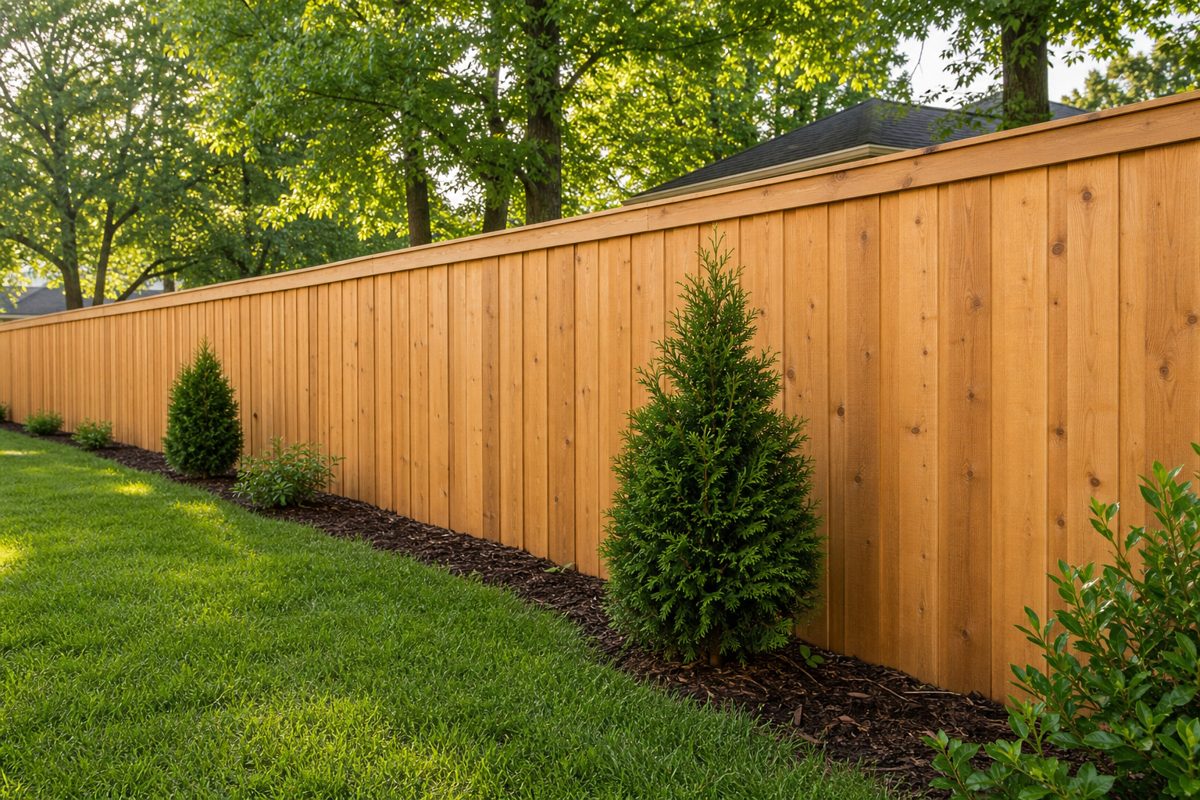 Cedar board-on-board wood privacy fence along a Nashville backyard