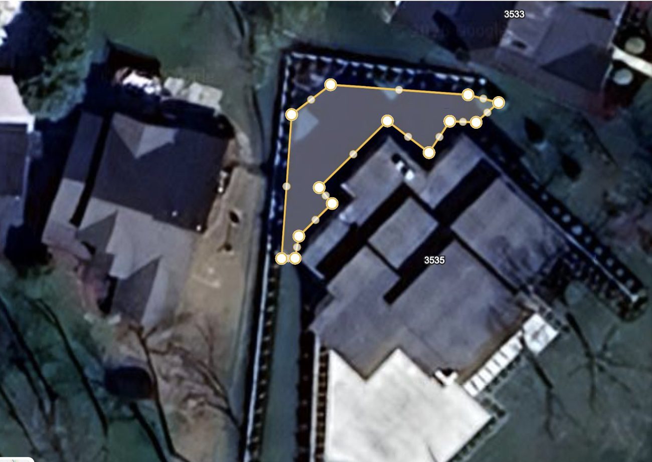 Aerial plan of a Green Hills Nashville back yard showing synthetic turf over a Modified French Drain base with perforated collector runs to a rain garden