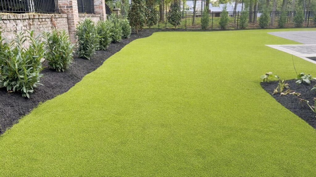 Artificial turf curving around enlarged mulch planting beds in a West Meade back yard